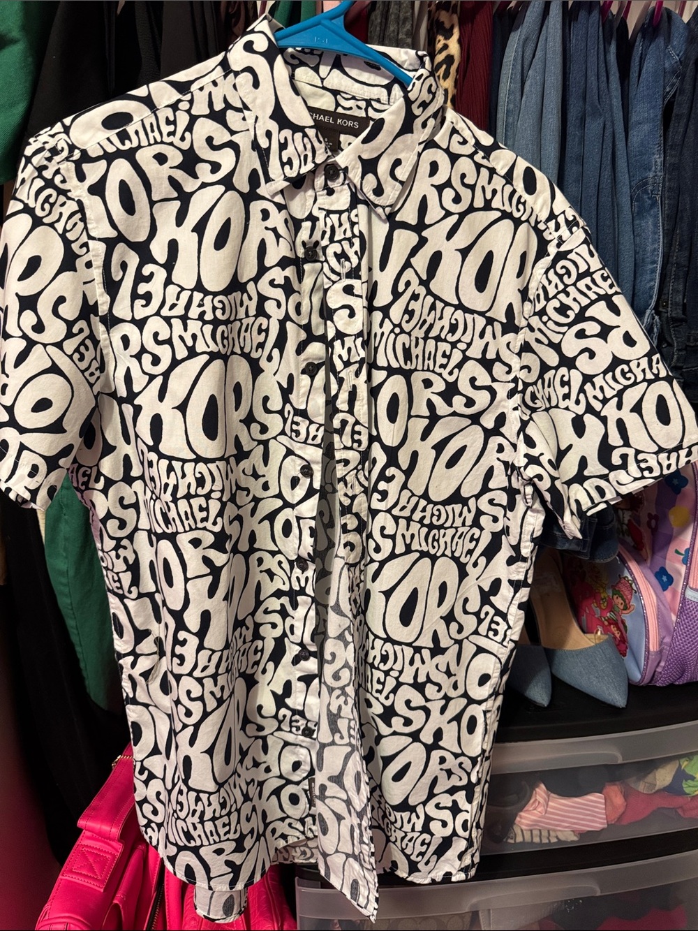 Michael Kors Black & White Logo-Print Short Sleeve Button-Down Shirt